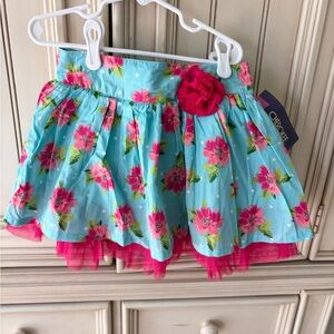 Cherokee Girls Aqua & Pink Floral Skirt with Hot Pink Trim NWT Sz M 7/8